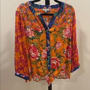 John Mark Orange Floral Split V-Neck 3/4 Sleeve Button Front Blouse NWT Size M